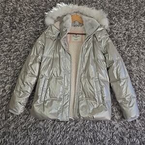 Abercrombie Kids 15/16 Puffer Jacket w Faux Fur Hood Winter Coat Metallic Gold